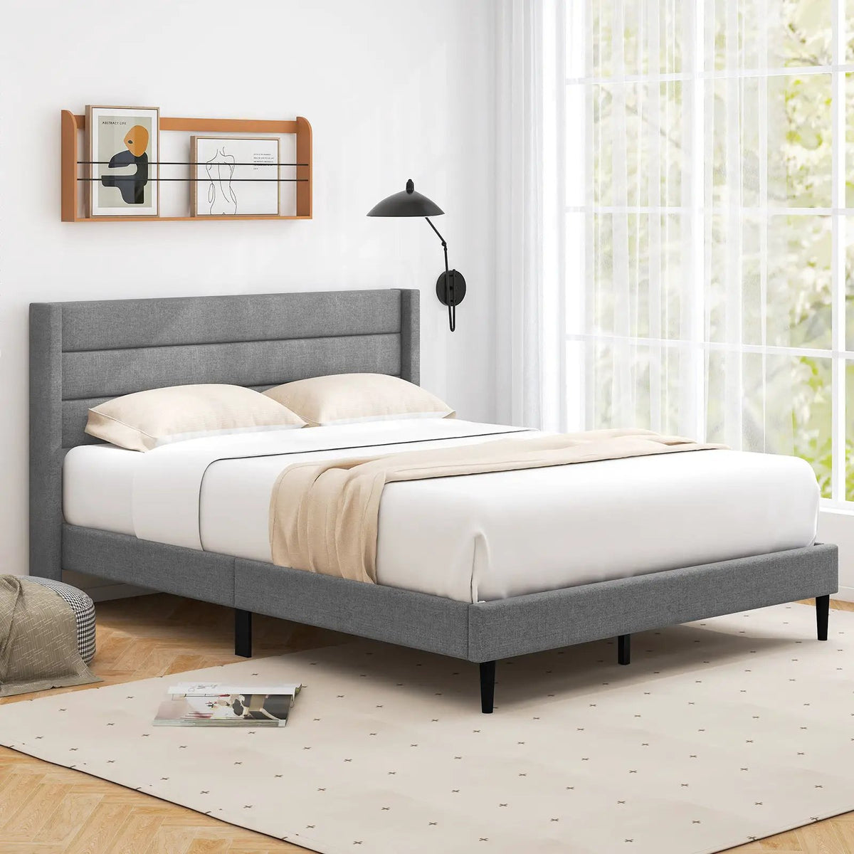 Linen Upholstered Platform Twin/Queen Bed Frame with Wingback Headboard, photo 5 of 9
