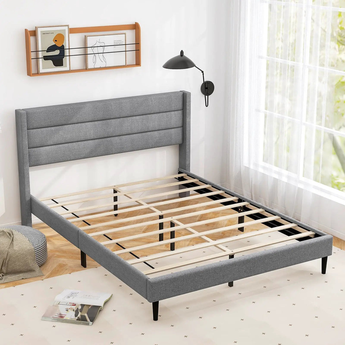 Linen Upholstered Platform Twin/Queen Bed Frame with Wingback Headboard, photo 6 of 9