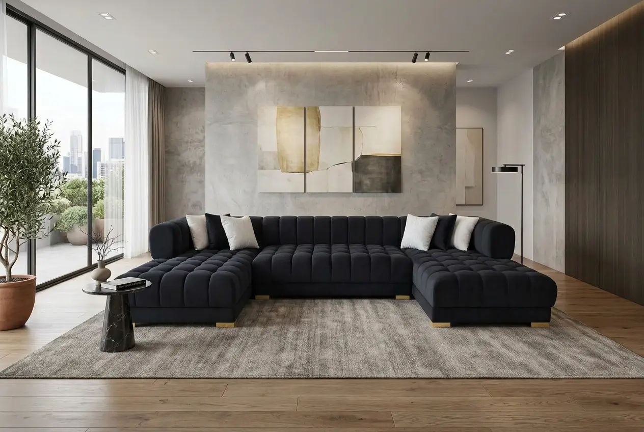 Lipa Black Velvet Double Chaise "U" Shape Sectional Sofa by Ornate Furniture