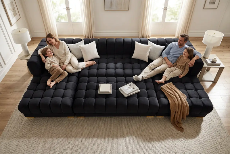 Lipa Black Velvet Double Chaise "U" Shape Sectional Sofa by Ornate Furniture