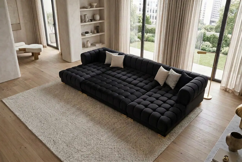 Lipa Black Velvet Double Chaise "U" Shape Sectional Sofa by Ornate Furniture