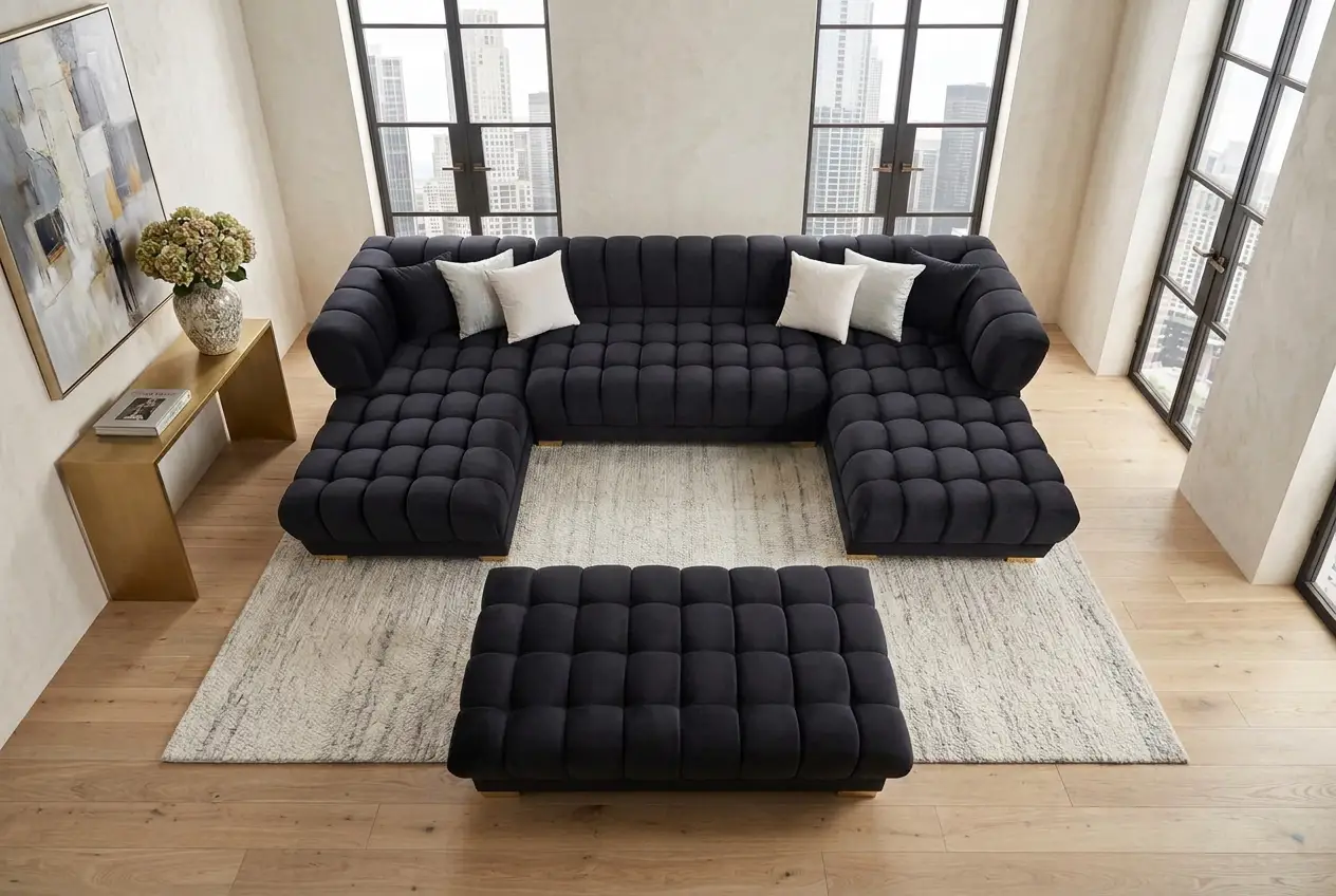 Lipa Black Velvet Double Chaise "U" Shape Sectional Sofa by Ornate Furniture