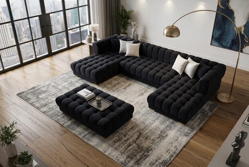 Lipa Black Velvet Double Chaise "U" Shape Sectional Sofa by Ornate Furniture