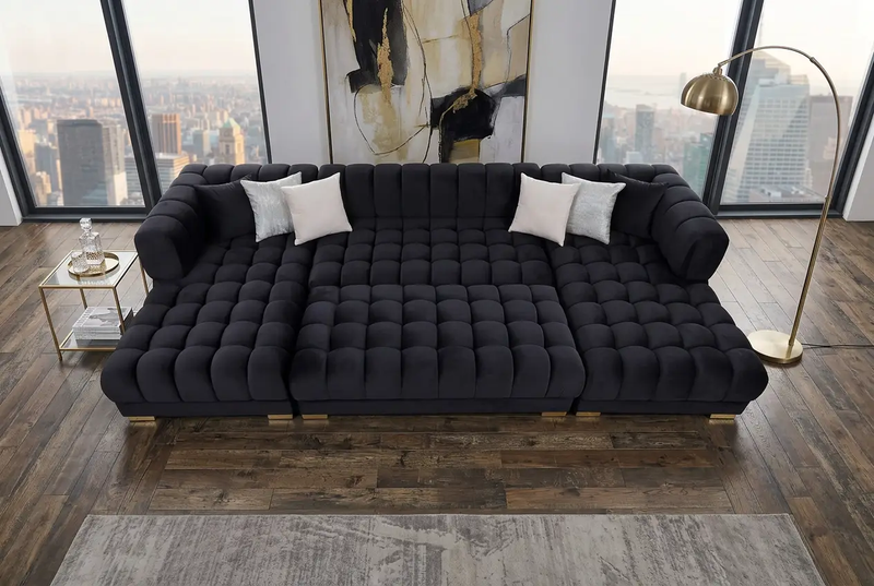 Lipa Black Velvet Double Chaise "U" Shape Sectional Sofa by Ornate Furniture