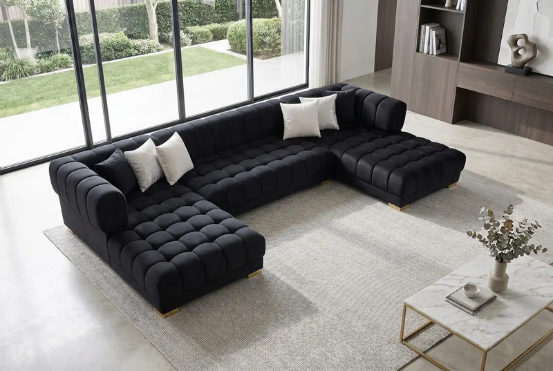 Lipa Black Velvet Double Chaise "U" Shape Sectional Sofa by Ornate Furniture