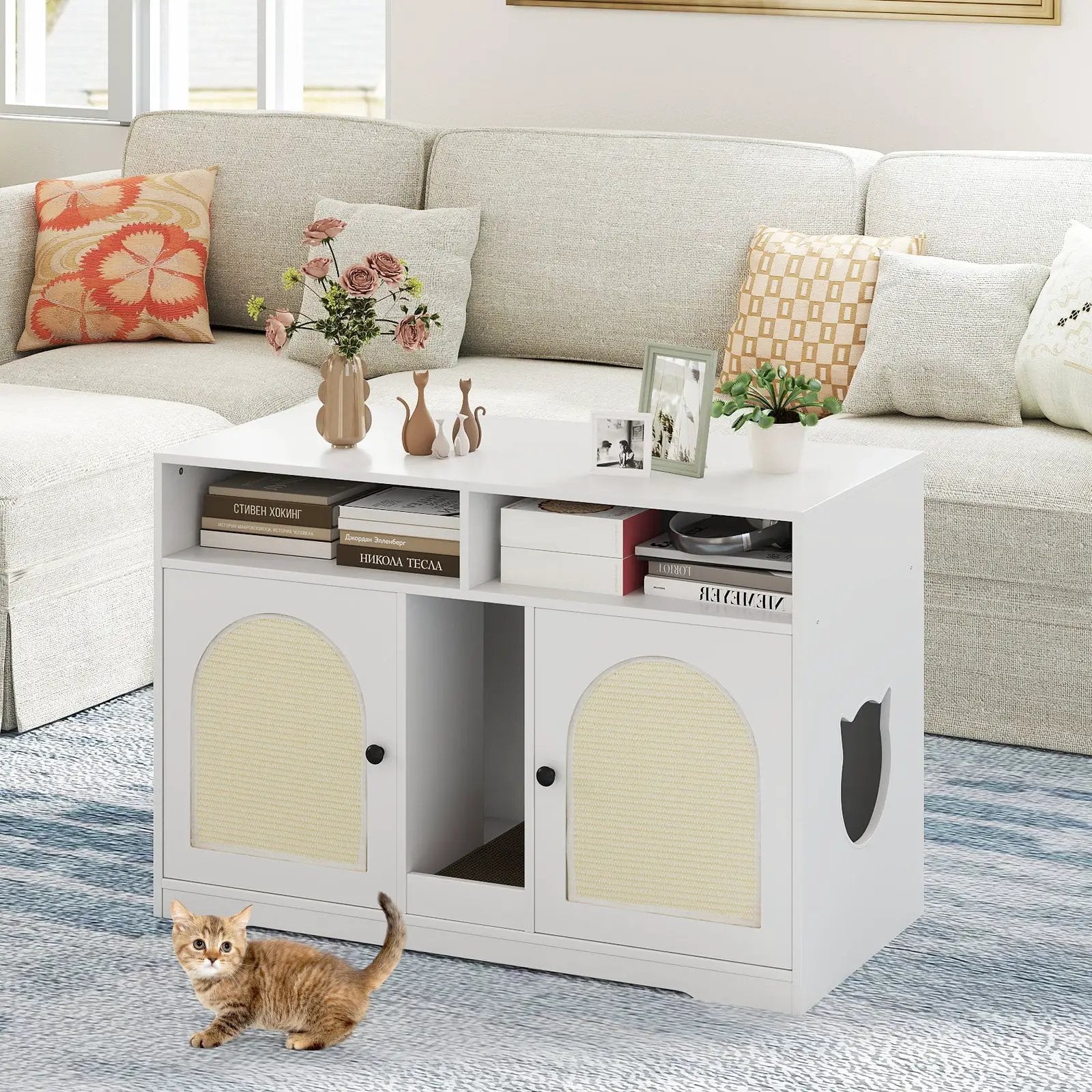 43 Inches Cat Litter Box Enclosure with Storage and Double Rooms-White by DirectDeals