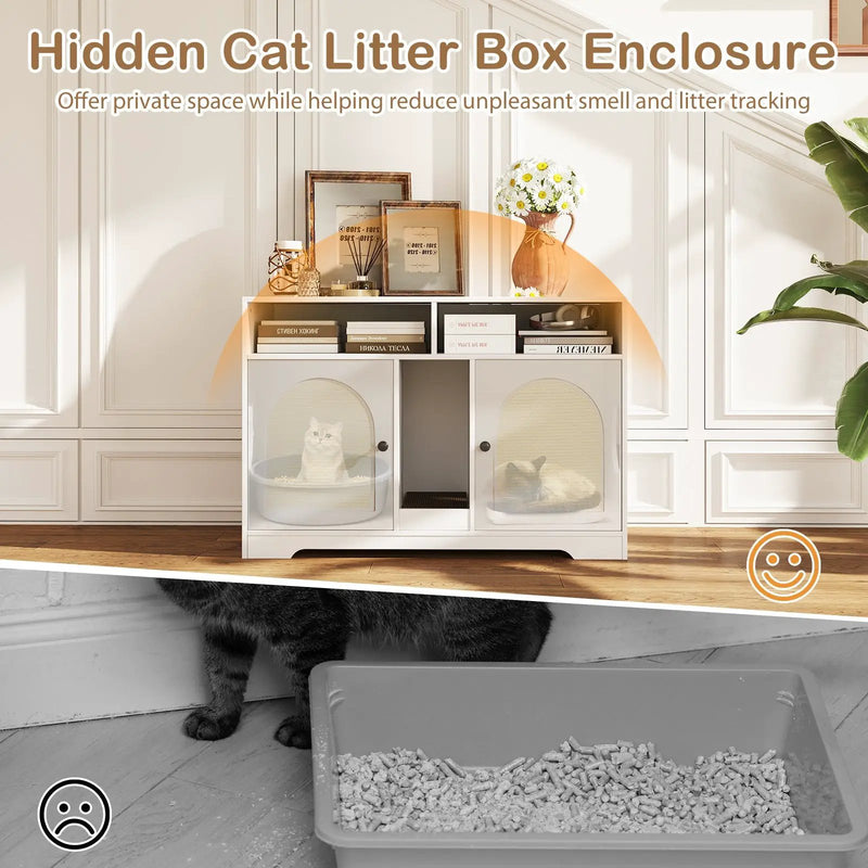 43 Inches Cat Litter Box Enclosure with Storage and Double Rooms-White by DirectDeals