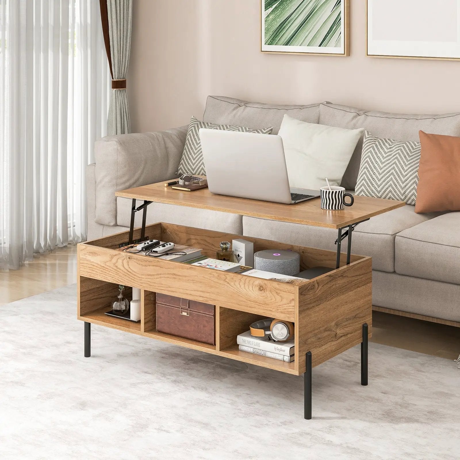 Living Room Central Table with Lifting Tabletop and Metal Legs-Natural by DirectDeals