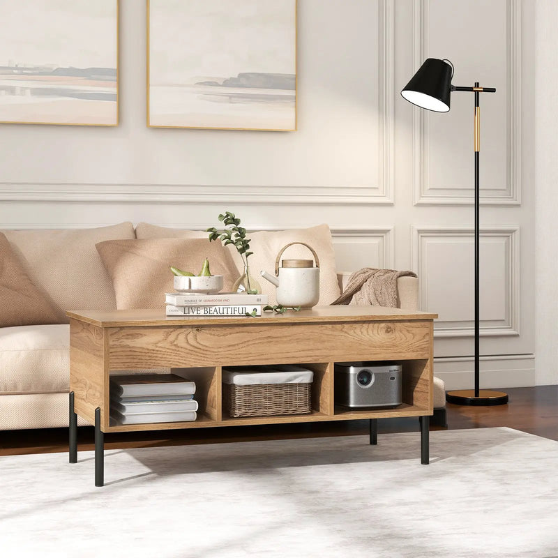 Living Room Central Table with Lifting Tabletop and Metal Legs-Natural by DirectDeals
