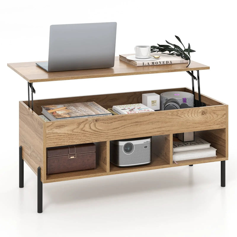 Living Room Central Table with Lifting Tabletop and Metal Legs-Natural by DirectDeals