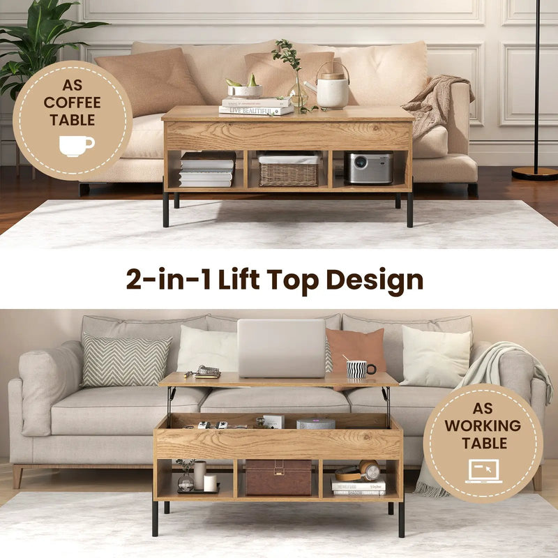 Living Room Central Table with Lifting Tabletop and Metal Legs-Natural by DirectDeals