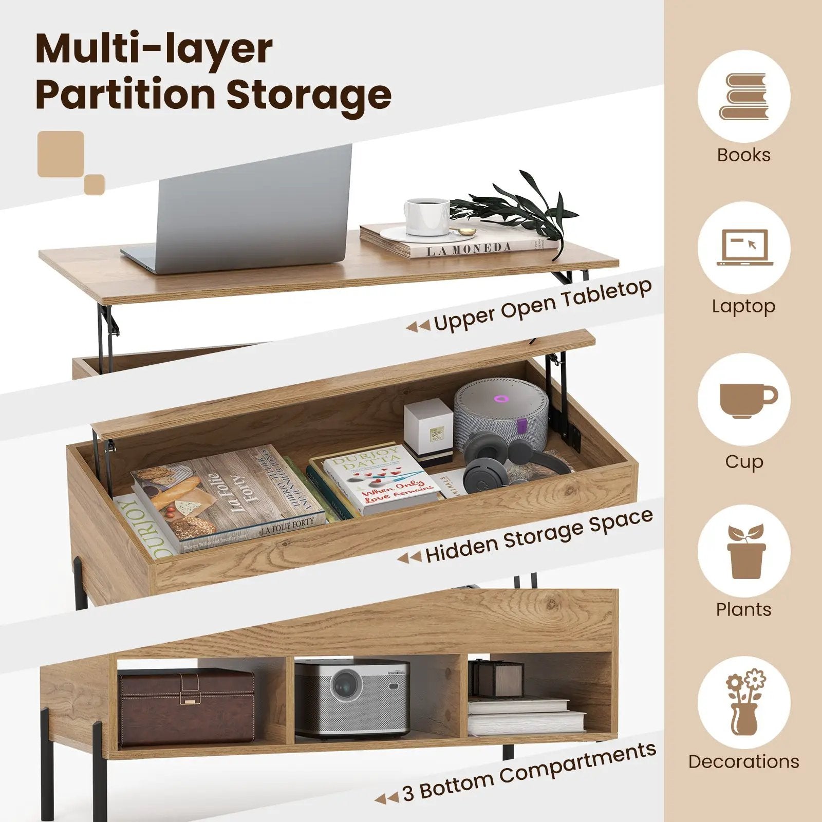 Living Room Central Table with Lifting Tabletop and Metal Legs-Natural by DirectDeals