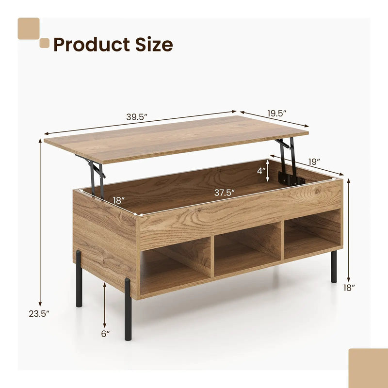 Living Room Central Table with Lifting Tabletop and Metal Legs-Natural by DirectDeals