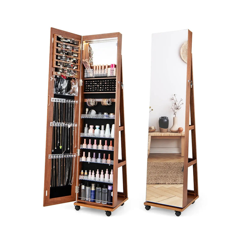 64 Inches Lockable Jewelry Cabinet Armoire with Built-in Makeup Mirror by DirectDeals