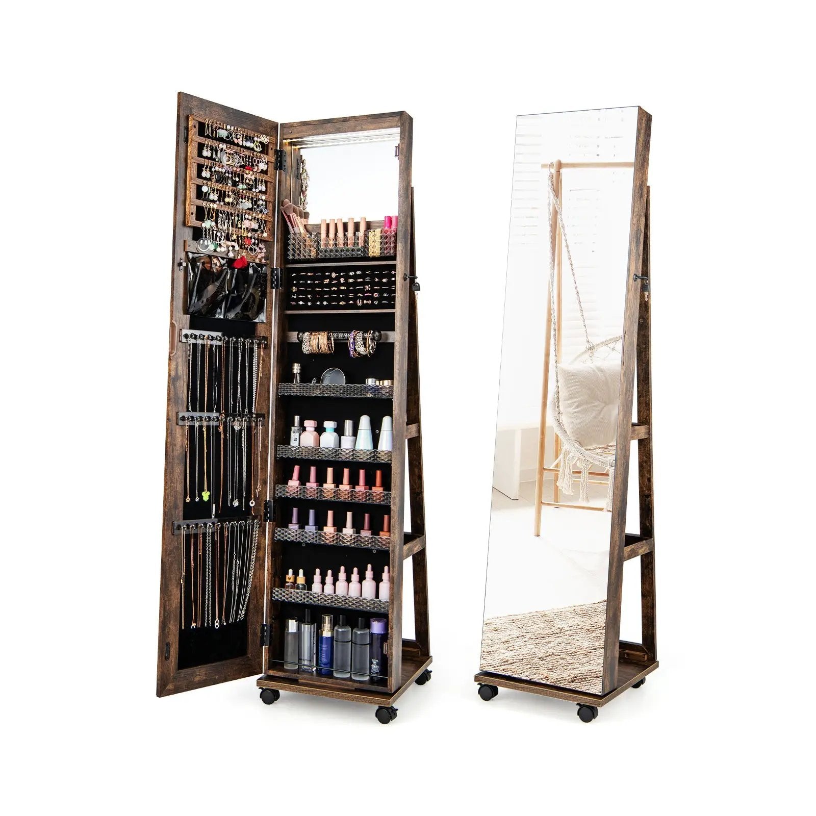 64 Inches Lockable Jewelry Cabinet Armoire with Built-in Makeup Mirror by DirectDeals