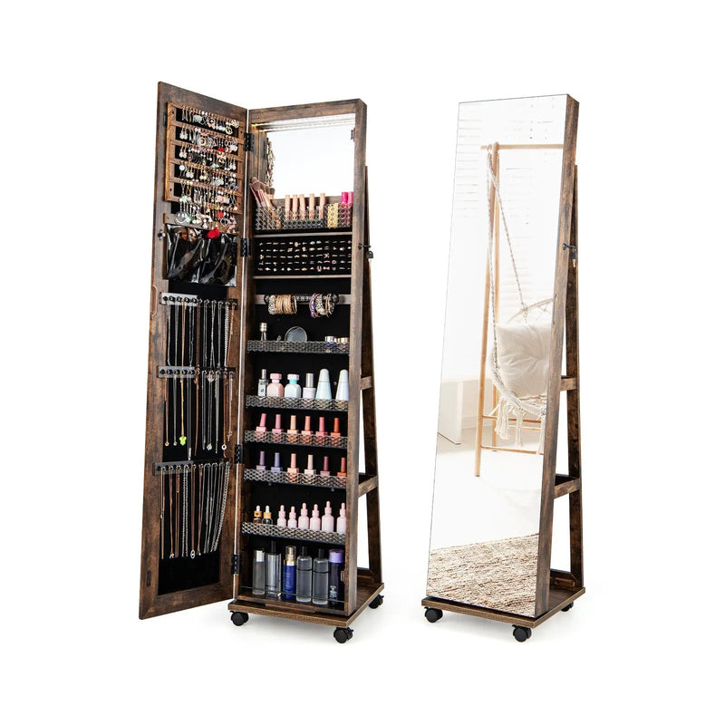 64 Inches Lockable Jewelry Cabinet Armoire with Built-in Makeup Mirror by DirectDeals