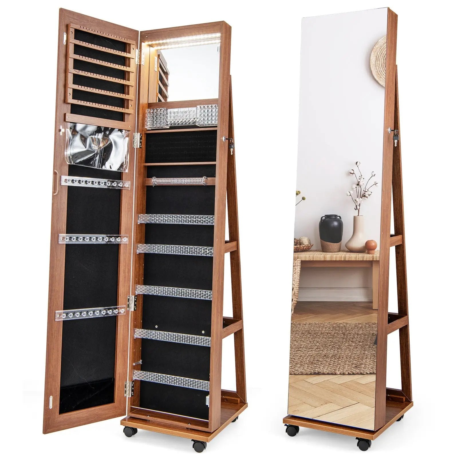 64 Inches Lockable Jewelry Cabinet Armoire with Built-in Makeup Mirror by DirectDeals