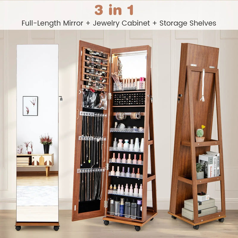 64 Inches Lockable Jewelry Cabinet Armoire with Built-in Makeup Mirror by DirectDeals