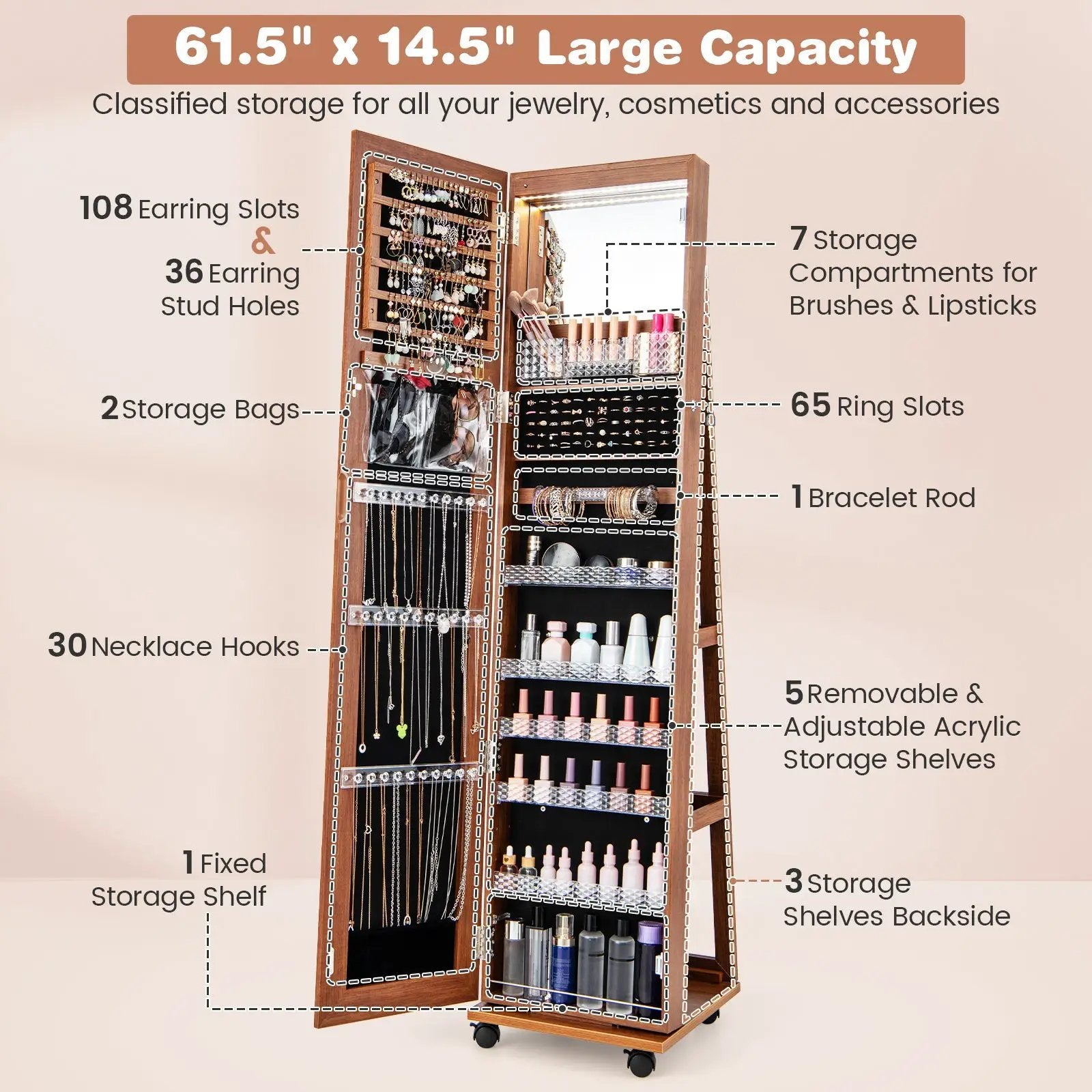 64 Inches Lockable Jewelry Cabinet Armoire with Built-in Makeup Mirror by DirectDeals