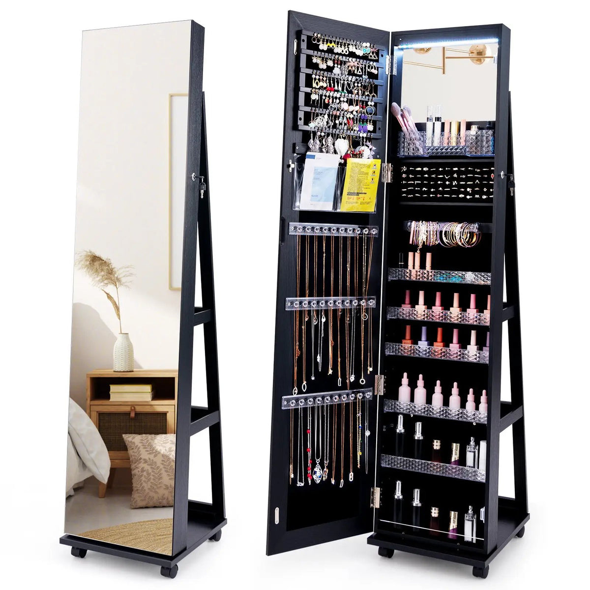 64 Inches Lockable Jewelry Cabinet Armoire with Built-in Makeup Mirror, photo 10 of 12