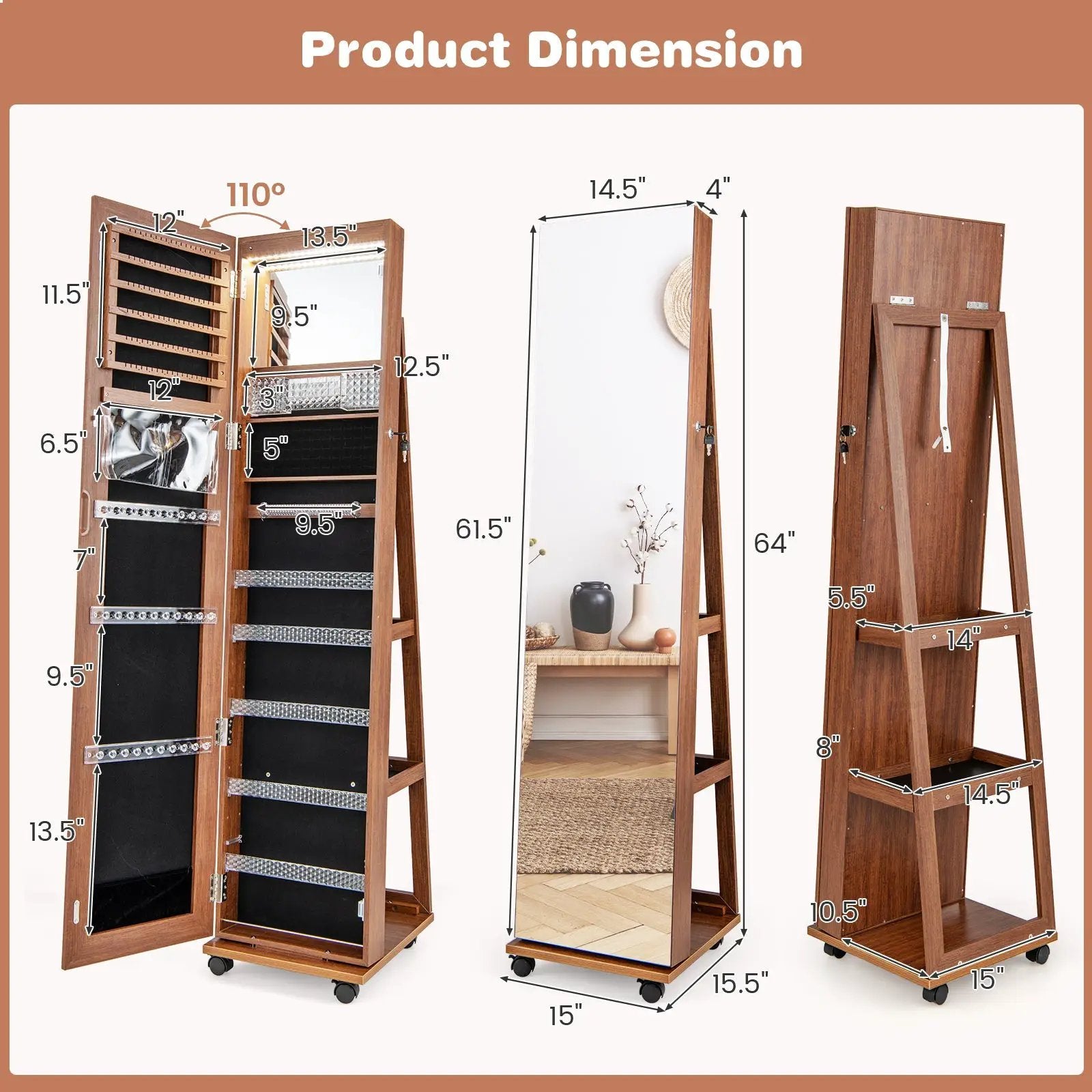 64 Inches Lockable Jewelry Cabinet Armoire with Built-in Makeup Mirror by DirectDeals