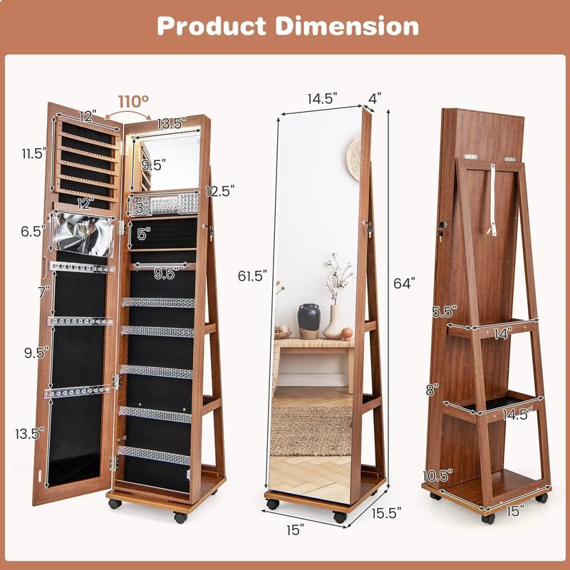 64 Inches Lockable Jewelry Cabinet Armoire with Built-in Makeup Mirror by DirectDeals