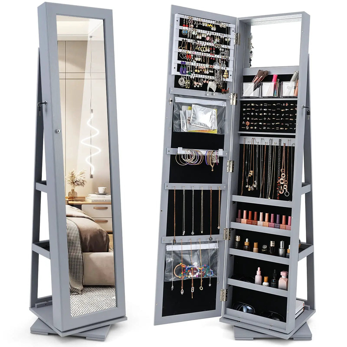 360° Rotatable 2-in-1 Lockable Jewelry Cabinet with Full-Length Mirror, photo 11 of 17
