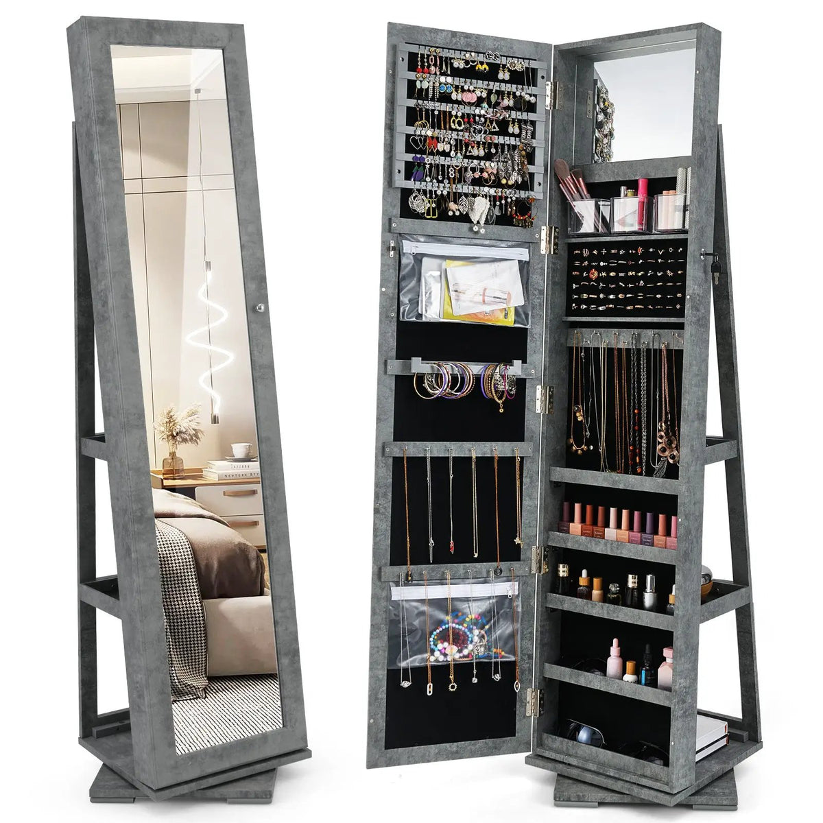 360° Rotatable 2-in-1 Lockable Jewelry Cabinet with Full-Length Mirror, photo 16 of 17