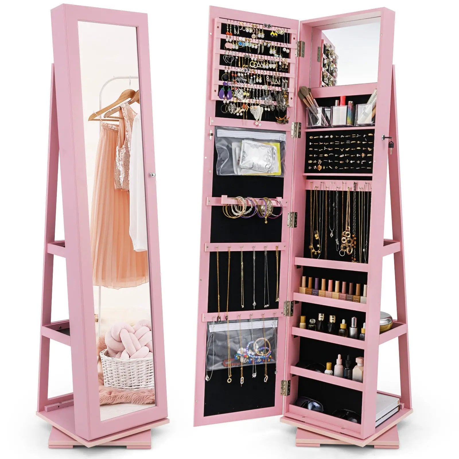 360° Rotatable 2-in-1 Lockable Jewelry Cabinet with Full-Length Mirror by DirectDeals