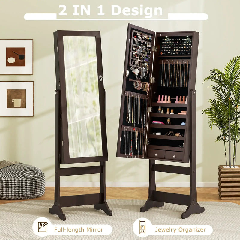 Lockable Mirrored Jewelry Cabinet with Stand and Led Lights-Brown by DirectDeals