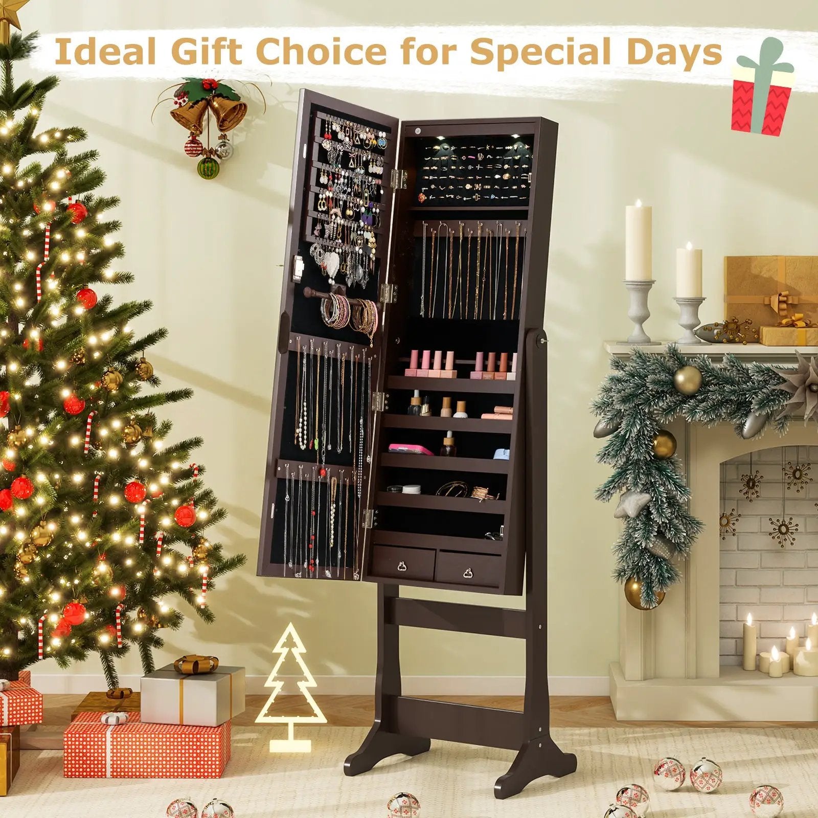 Lockable Mirrored Jewelry Cabinet with Stand and Led Lights-Brown by DirectDeals
