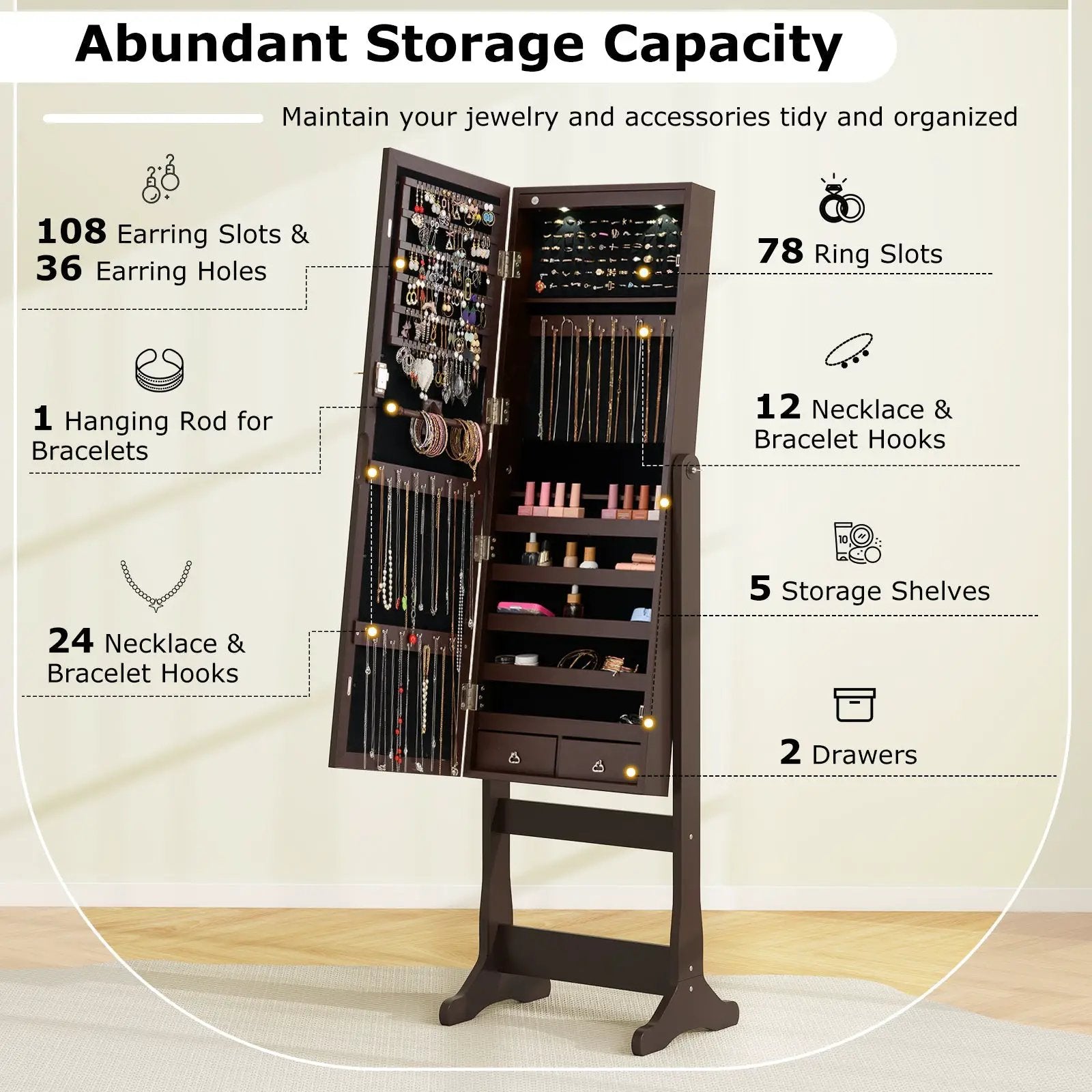Lockable Mirrored Jewelry Cabinet with Stand and Led Lights-Brown by DirectDeals