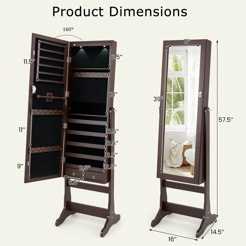Lockable Mirrored Jewelry Cabinet with Stand and Led Lights-Brown by DirectDeals