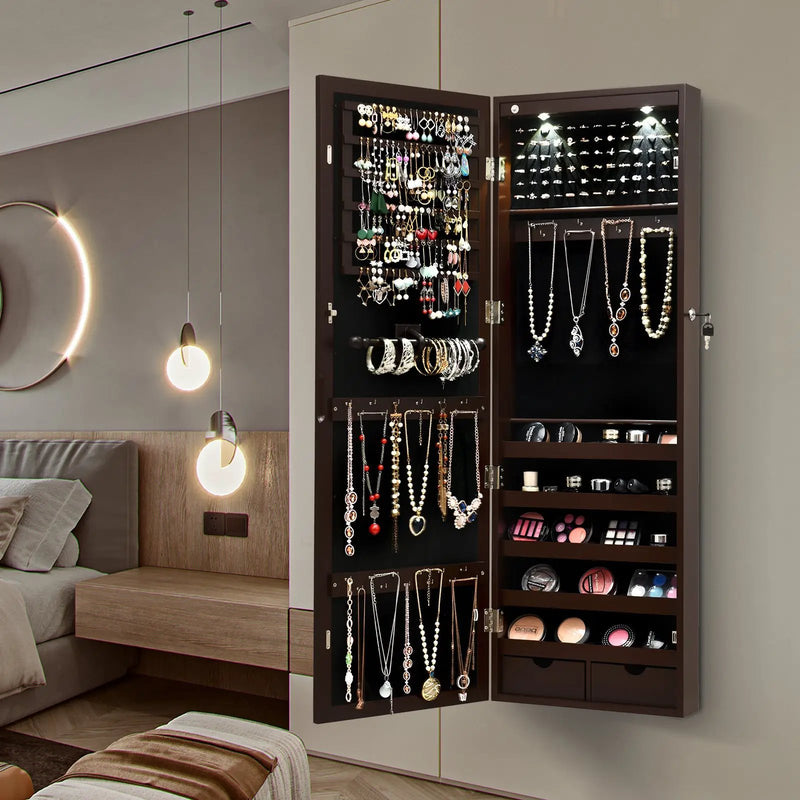 Lockable Wall Mount Mirrored Jewelry Cabinet with LED Lights by DirectDeals