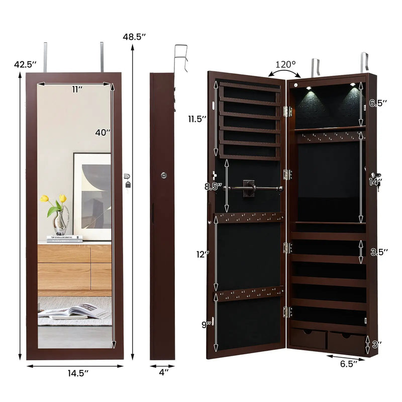 Lockable Wall Mount Mirrored Jewelry Cabinet with LED Lights by DirectDeals