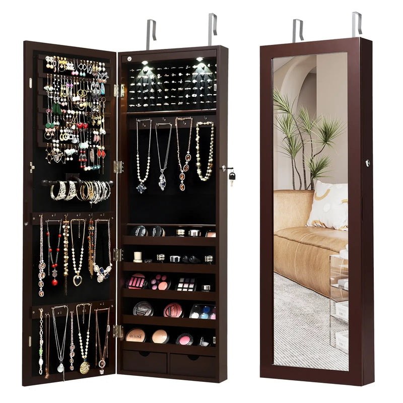 Lockable Wall Mount Mirrored Jewelry Cabinet with LED Lights by DirectDeals