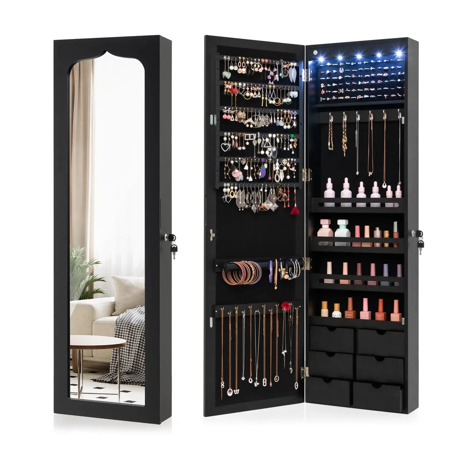 Lockable Wall Mounted Mirror Jewelry Armoire with 5 LEDs and 6 Drawers-Black by DirectDeals