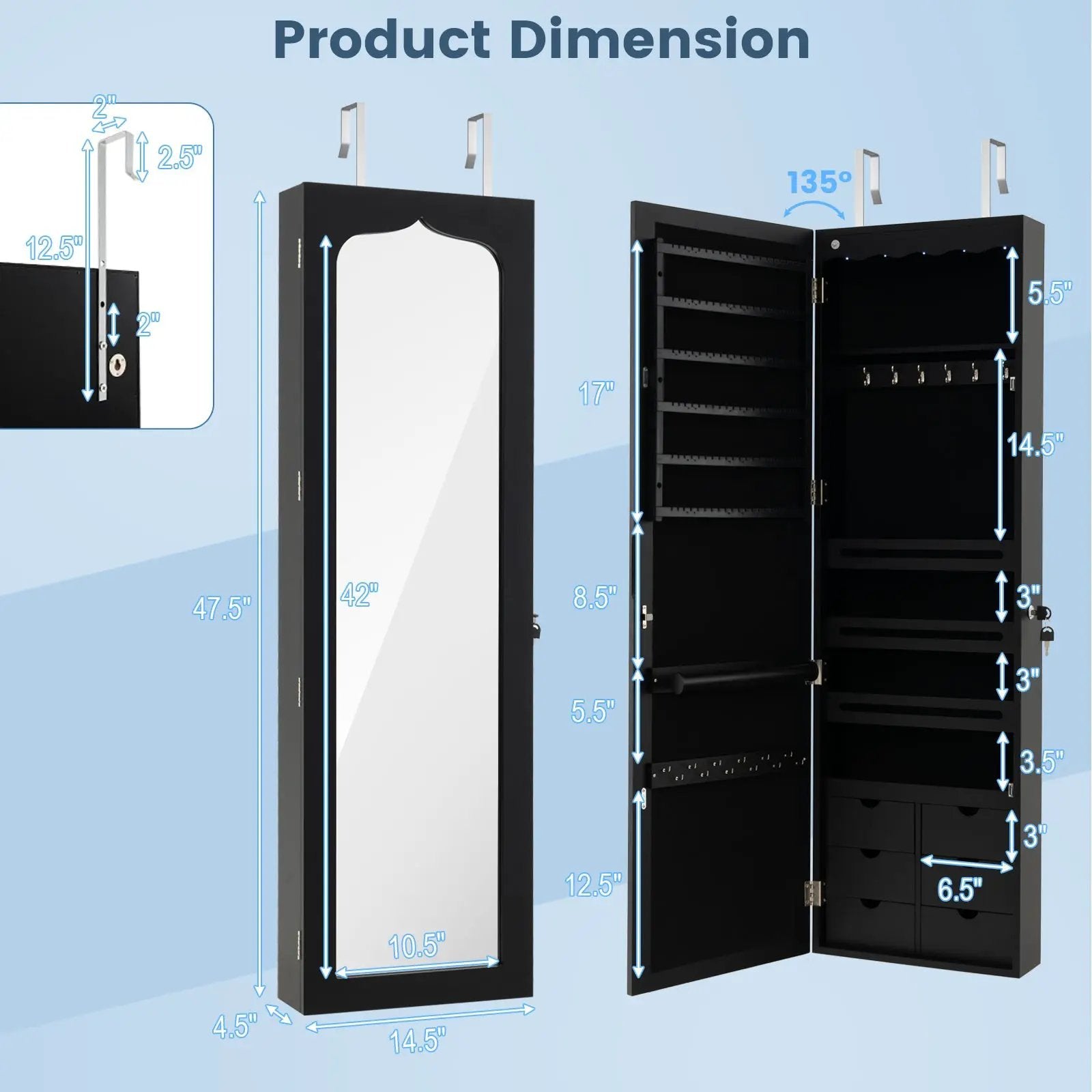 Lockable Wall Mounted Mirror Jewelry Armoire with 5 LEDs and 6 Drawers-Black by DirectDeals