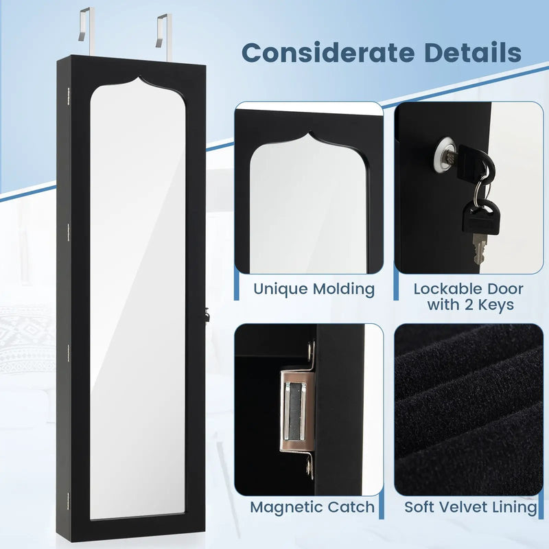 Lockable Wall Mounted Mirror Jewelry Armoire with 5 LEDs and 6 Drawers-Black by DirectDeals