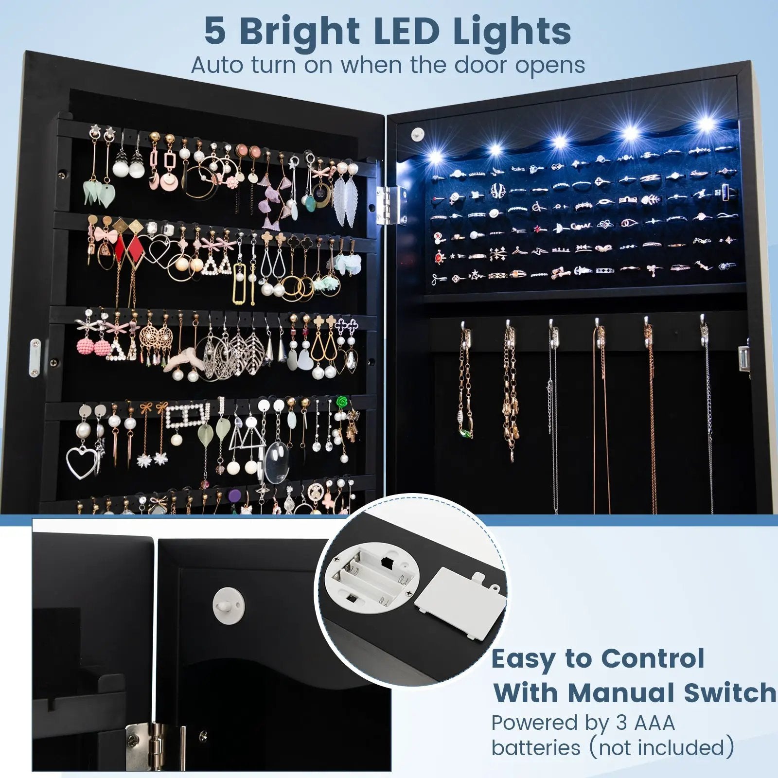 Lockable Wall Mounted Mirror Jewelry Armoire with 5 LEDs and 6 Drawers-Black by DirectDeals