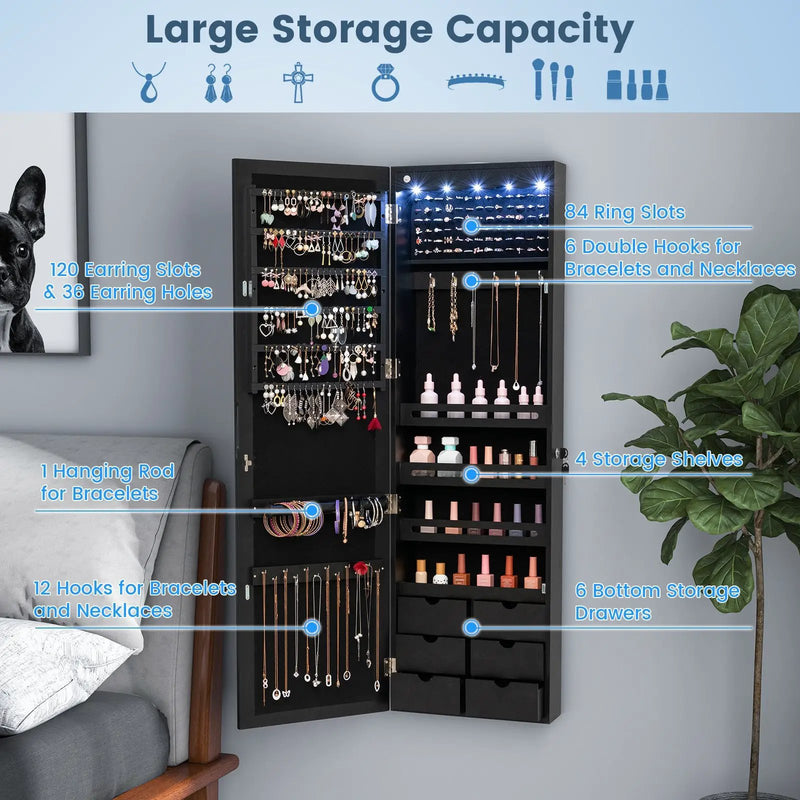 Lockable Wall Mounted Mirror Jewelry Armoire with 5 LEDs and 6 Drawers-Black by DirectDeals