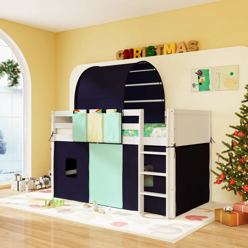 Twin Size Loft Bed Playhouse Bed Frame with Tower Tent and 3 Storage Pockets by DirectDeals