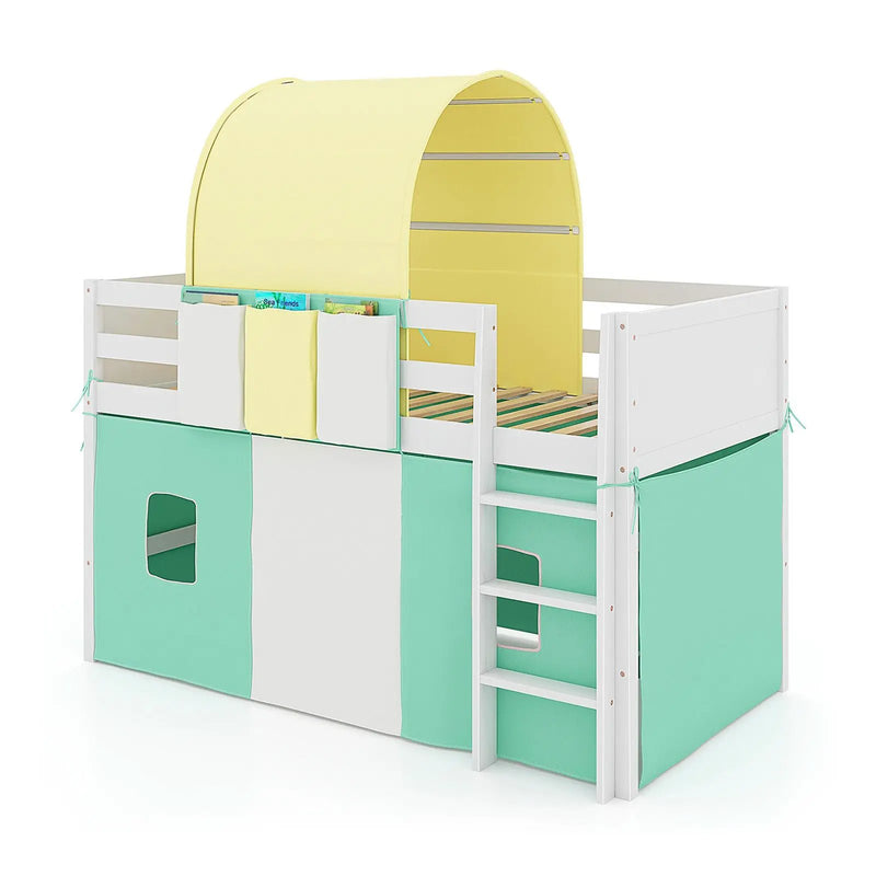 Twin Size Loft Bed Playhouse Bed Frame with Tower Tent and 3 Storage Pockets by DirectDeals