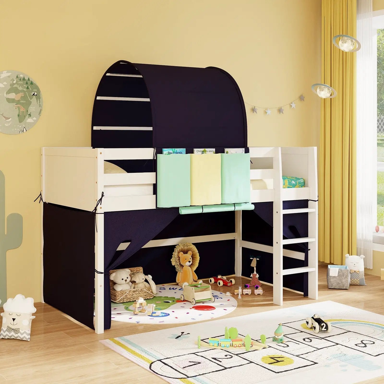 Twin Size Loft Bed Playhouse Bed Frame with Tower Tent and 3 Storage Pockets by DirectDeals
