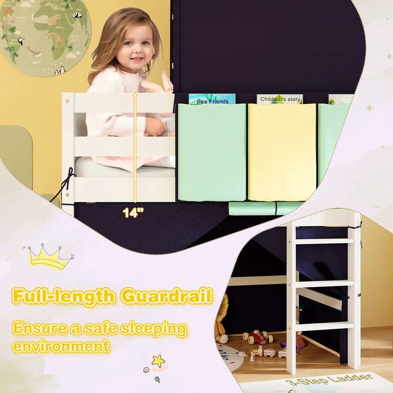 Twin Size Loft Bed Playhouse Bed Frame with Tower Tent and 3 Storage Pockets by DirectDeals