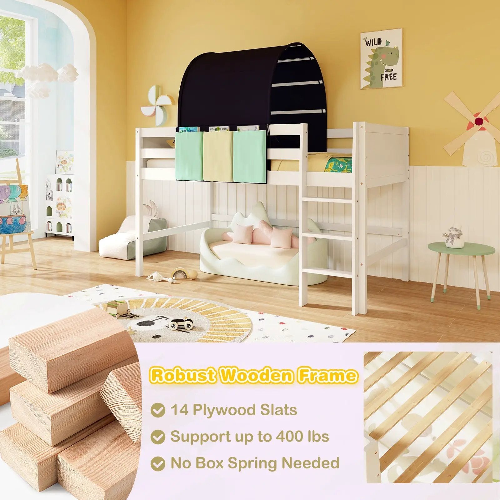 Twin Size Loft Bed Playhouse Bed Frame with Tower Tent and 3 Storage Pockets by DirectDeals