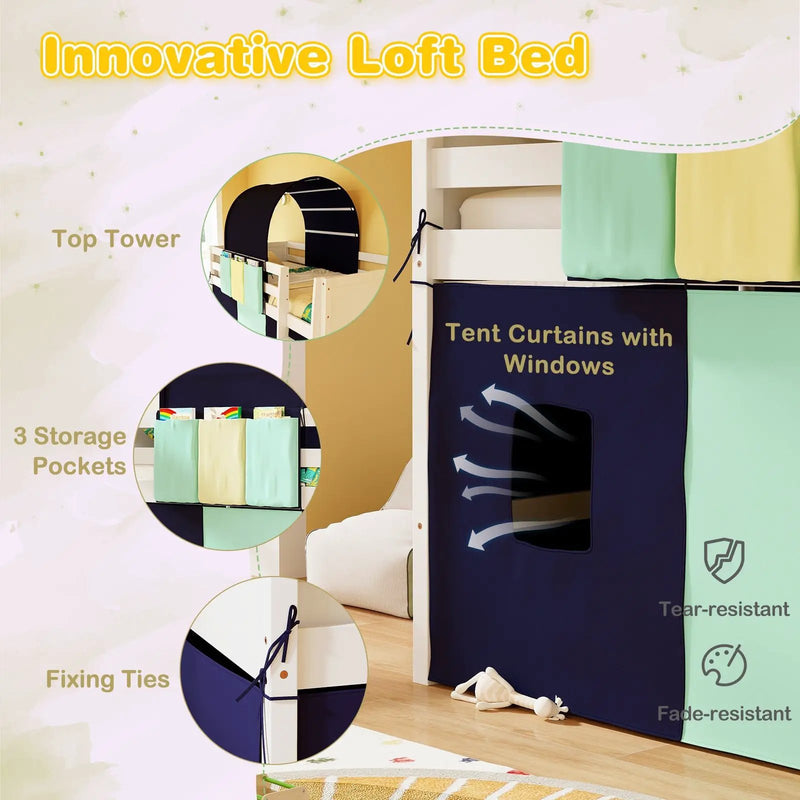 Twin Size Loft Bed Playhouse Bed Frame with Tower Tent and 3 Storage Pockets by DirectDeals