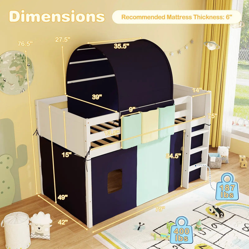 Twin Size Loft Bed Playhouse Bed Frame with Tower Tent and 3 Storage Pockets by DirectDeals
