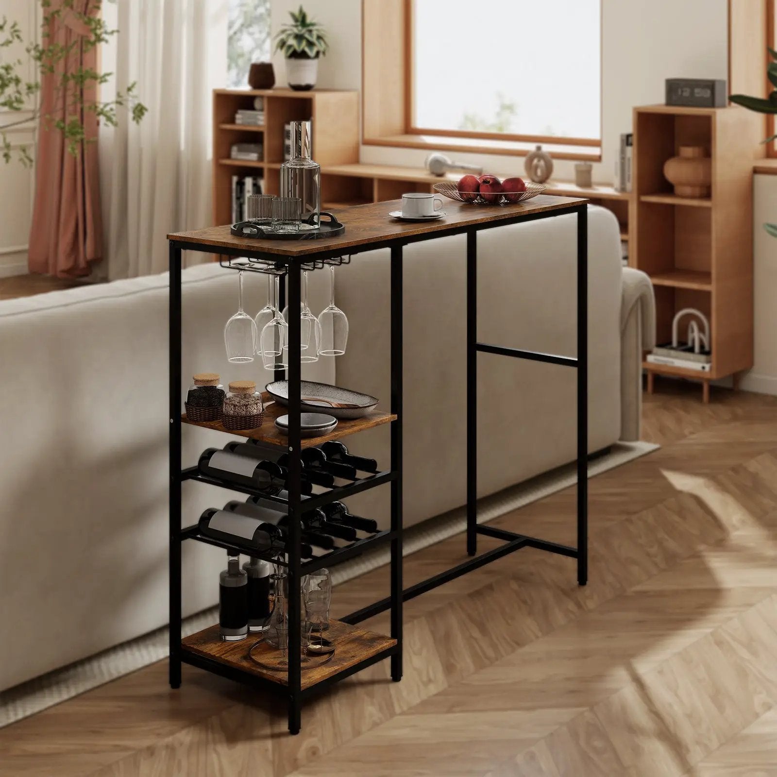 Long Bar Table Bar Height Dining Table with Storage Shelves-Rustic Brown by DirectDeals