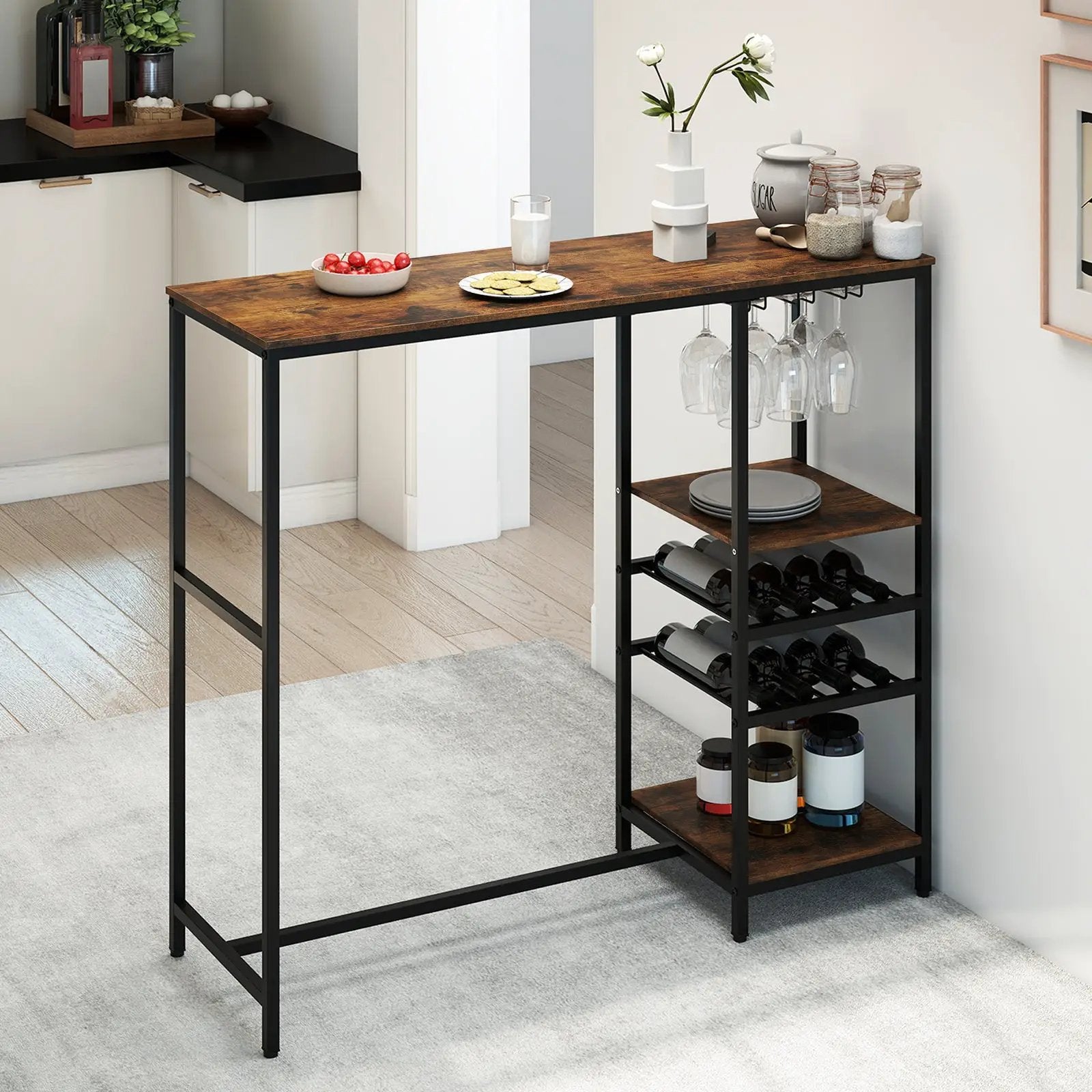 Long Bar Table Bar Height Dining Table with Storage Shelves-Rustic Brown by DirectDeals